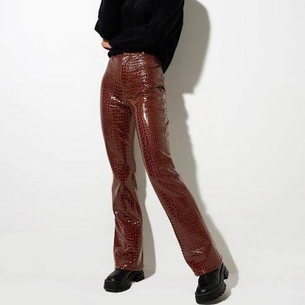 Motel Rocks High Rise Reddish Brown Croc Faux Vegan Leather Pants Size S
